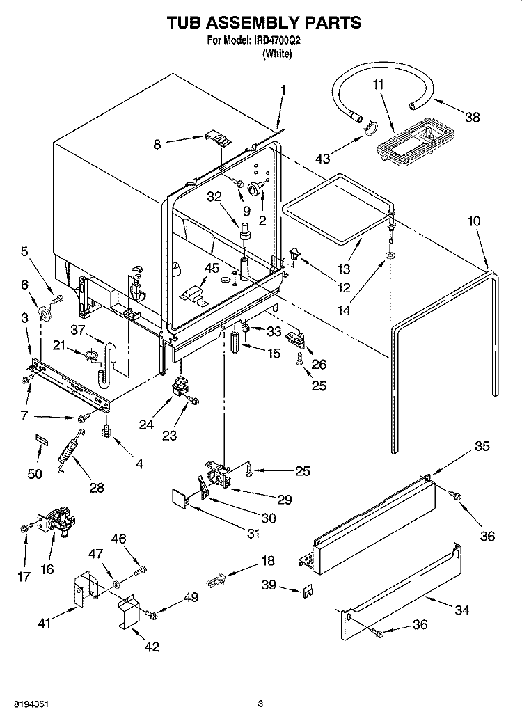 TUB ASSEMBLY PARTS Diagram and Parts List for IRD4700Q2  Inglis Dishwasher