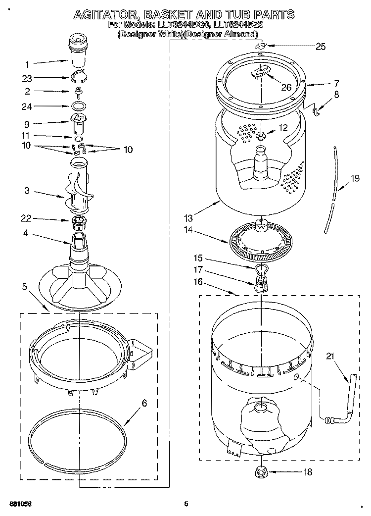 AGITATOR, BASKET AND TUB Diagram and Parts List for LLT8244BZ0  Whirlpool Washer