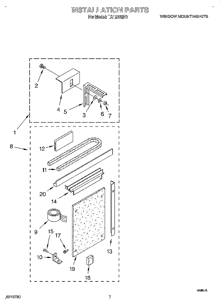 INSTALLATION Diagram and Parts List for TA12002F0  Whirlpool Air Conditioner