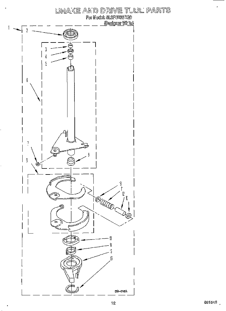 BRAKE AND DRIVE TUBE Diagram and Parts List for 8LSR6233EQ0  Whirlpool Washer