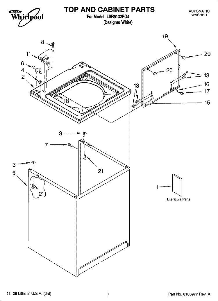 TOP AND CABINET PARTS Diagram and Parts List for LSR5132PQ4  Whirlpool Washer
