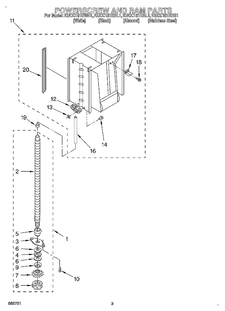 POWERSCREW AND RAM Diagram and Parts List for KUCC151EBS1  KitchenAid Trash Compactor