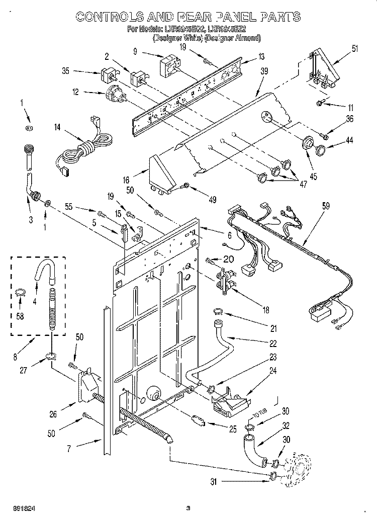 CONTROLS AND REAR PANEL Diagram and Parts List for LXR9245EZ2  Whirlpool Washer