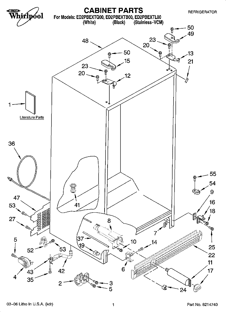 CABINET PARTS Diagram and Parts List for ED2PBEXTL00  Whirlpool Refrigerator