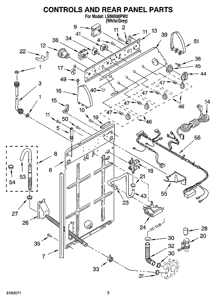CONTROLS AND REAR PANEL PARTS Diagram and Parts List for LSB6500PW2  Whirlpool Washer