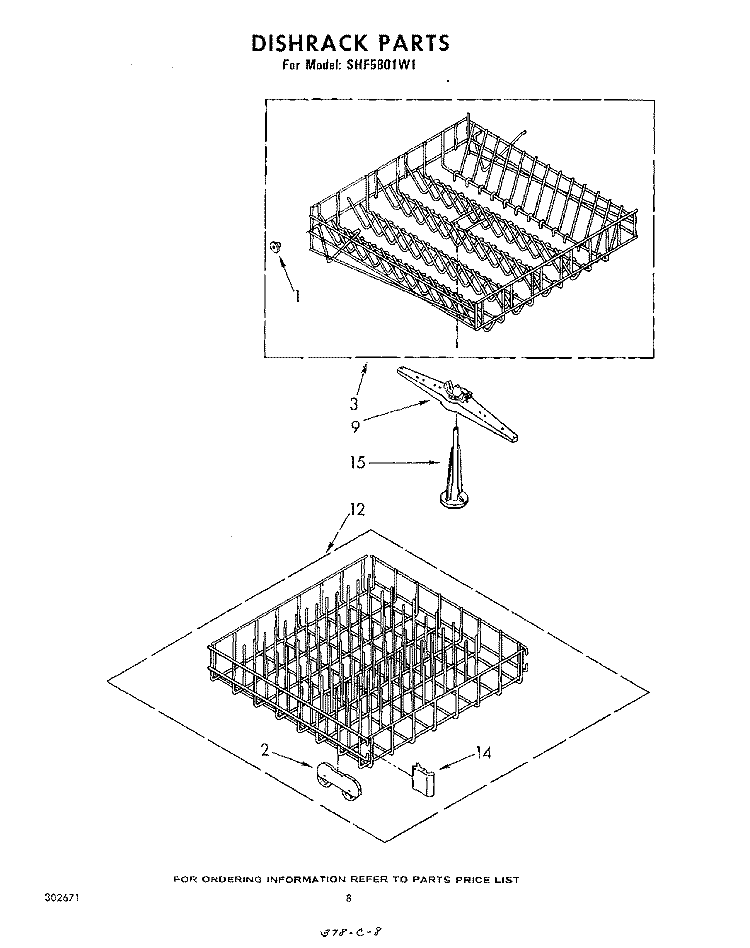 DISHRACK Diagram and Parts List for SHF5801W1  Whirlpool Dishwasher