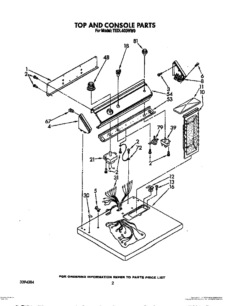 TOP AND CONSOLE PARTS Diagram and Parts List for TGDL400WW0  Whirlpool Dryer