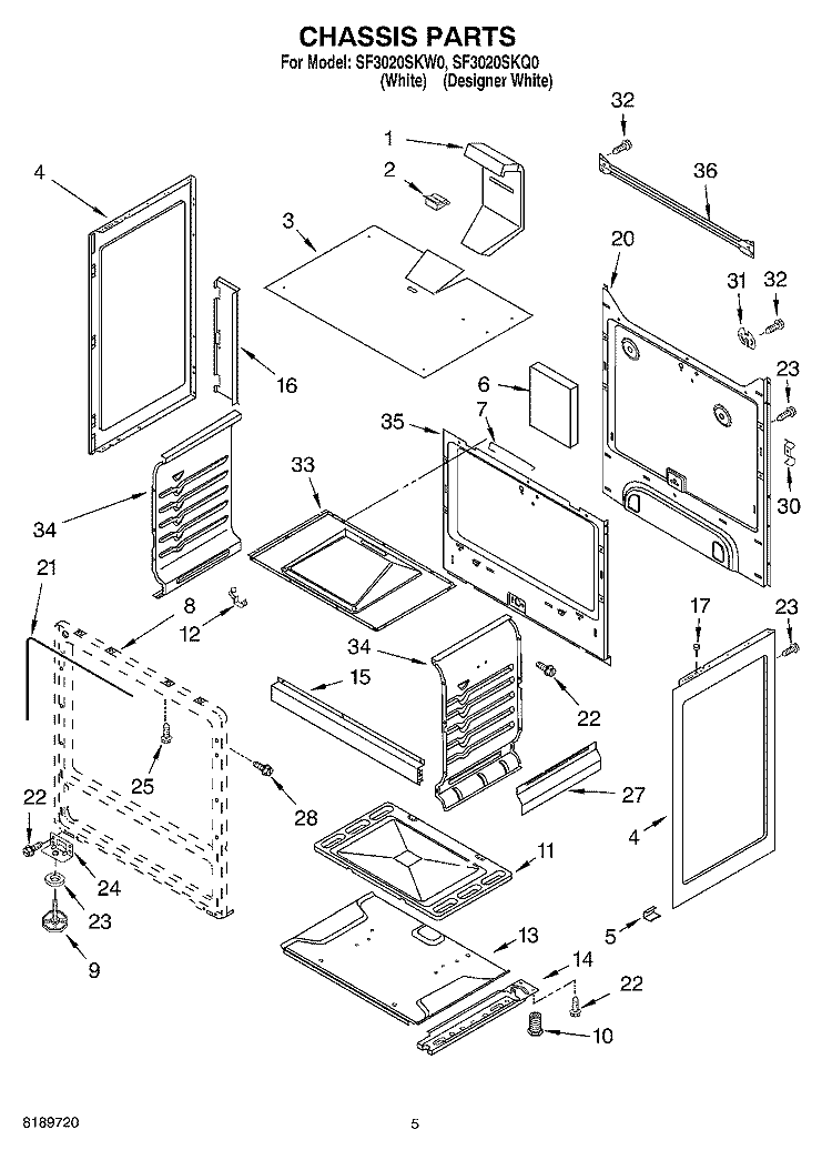 CHASSIS Diagram and Parts List for SF3020SKW0  Whirlpool Range