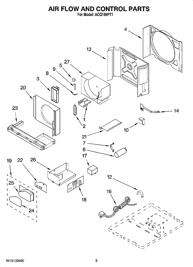 AIR FLOW AND CONTROL PARTS Diagram and Parts List for ACQ189PT1  Whirlpool Air Conditioner