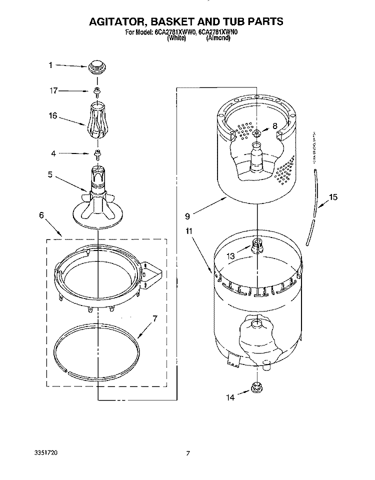 AGITATOR, BASKET AND TUB Diagram and Parts List for 6CA2781XWW0  Whirlpool Washer