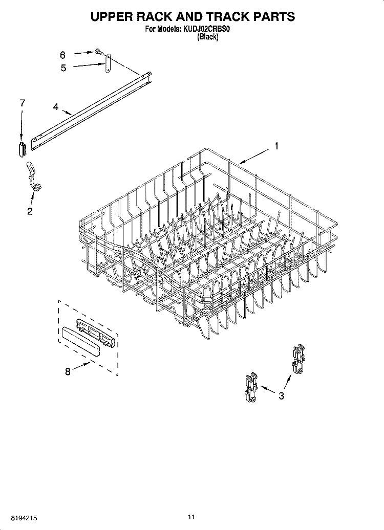 UPPER RACK AND TRACK PARTS Diagram and Parts List for KUDJ02CRBS0  KitchenAid Dishwasher