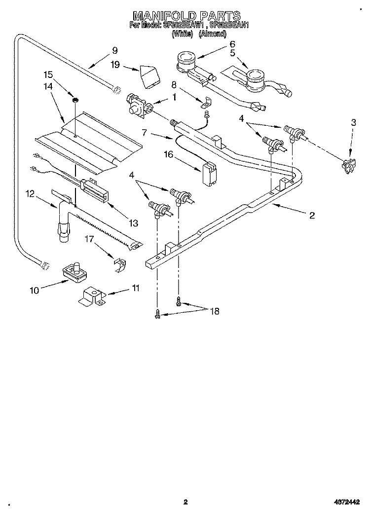 MANIFOLD Diagram and Parts List for SF302BEAN1  Whirlpool Range