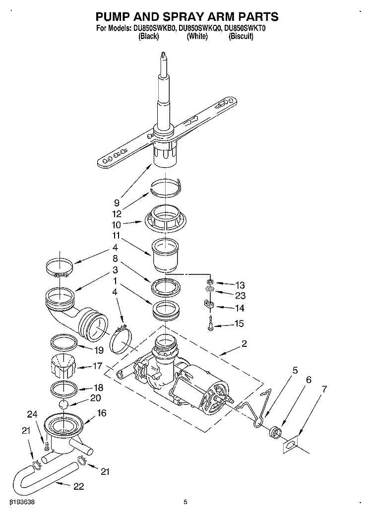 PUMP AND SPRAYARM Diagram and Parts List for DU850SWKQ0  Whirlpool Dishwasher