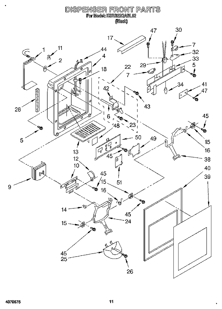 DISPENSER FRONT Diagram and Parts List for KSRB22QABL12  KitchenAid Refrigerator