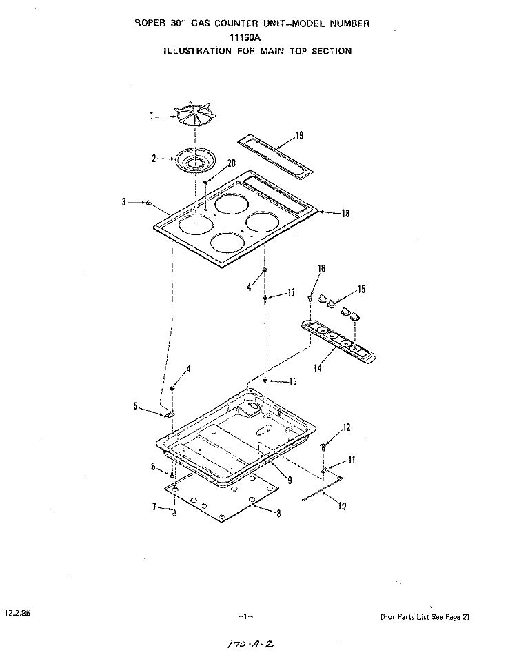SECTION Diagram and Parts List for 1116W0A  Roper Cooktop