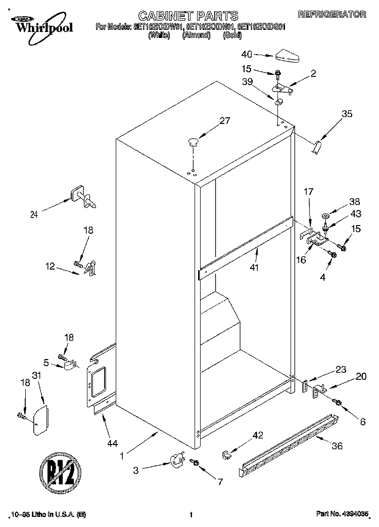 CABINET Diagram and Parts List for 8ET18ZKXDW01  Whirlpool Refrigerator