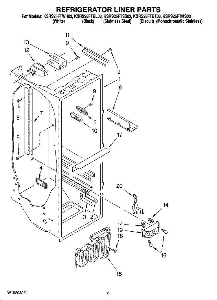 REFRIGERATOR LINER PARTS Diagram and Parts List for KSRS25FTWH03  KitchenAid Refrigerator