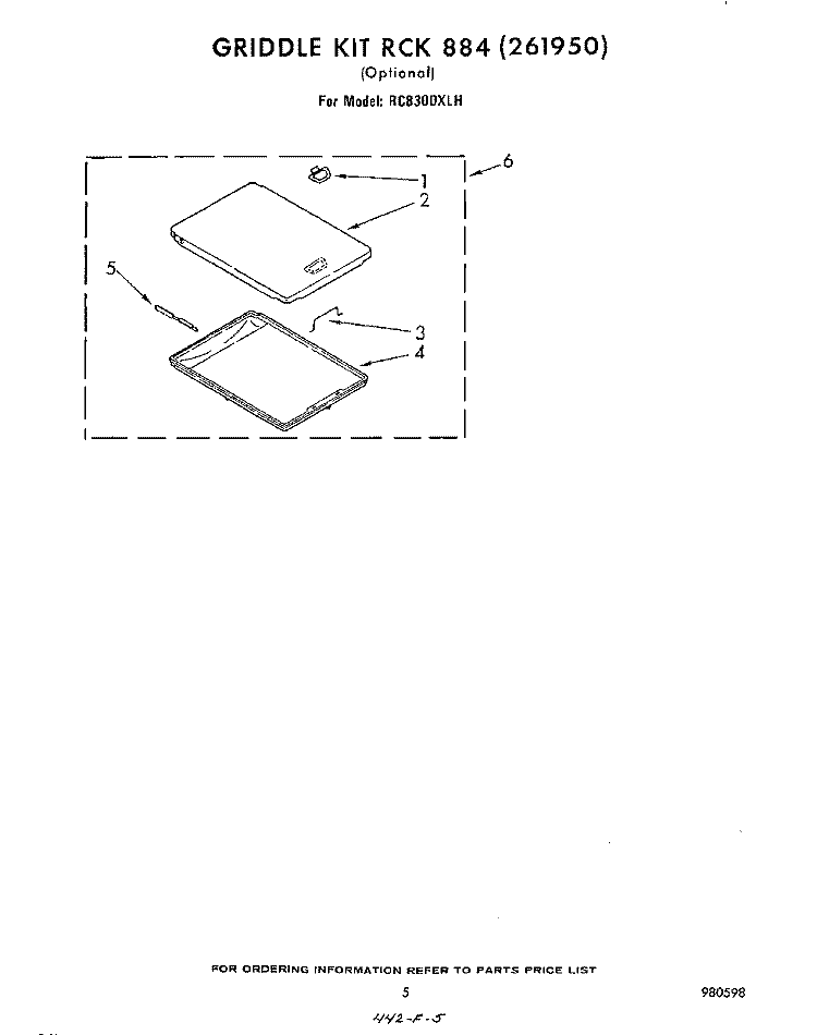 GRIDDLE KIT RCK884 Diagram and Parts List for RC8300XLH  Whirlpool Cooktop