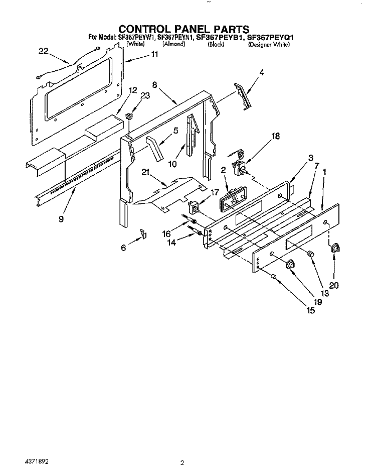 CONTROL PANEL Diagram and Parts List for SF367PEYB1  Whirlpool Range
