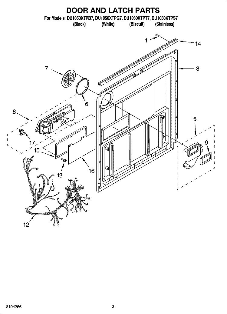 DOOR AND LATCH PARTS Diagram and Parts List for DU1050XTPS7  Whirlpool Dishwasher