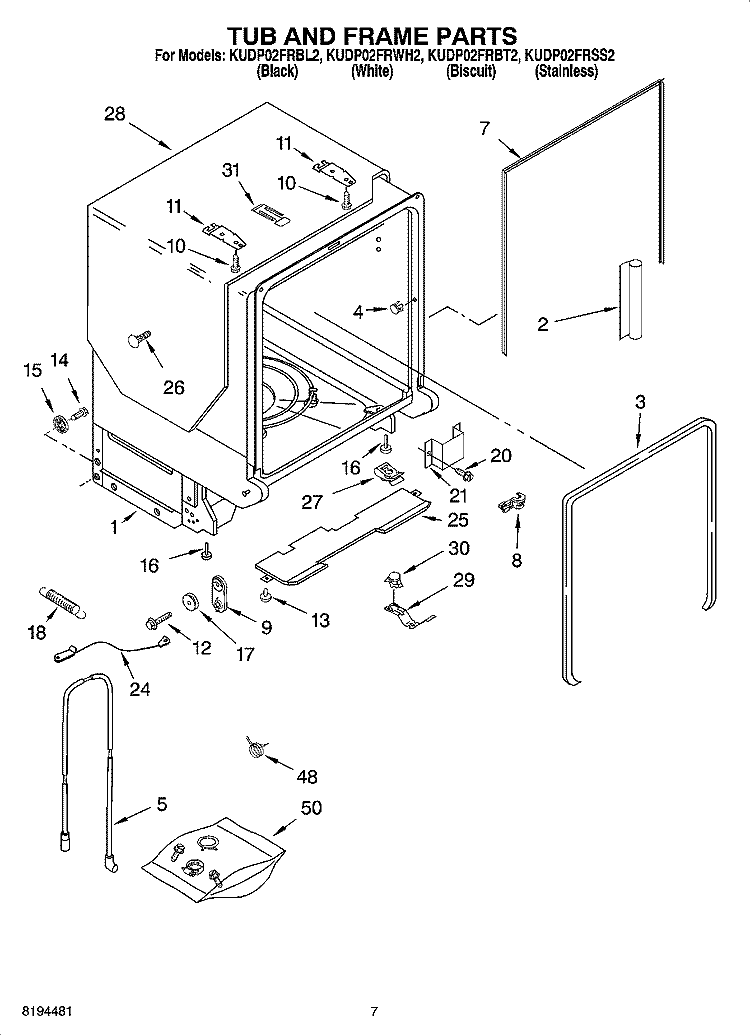 TUB AND FRAME PARTS Diagram and Parts List for KUDP02FRBT2  KitchenAid Dishwasher