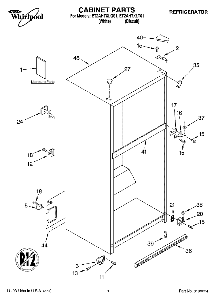 CABINET PARTS Diagram and Parts List for ET2AHTXLT01  Whirlpool Refrigerator