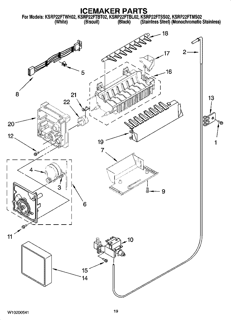 ICEMAKER PARTS Diagram and Parts List for KSRP22FTWH02  KitchenAid Refrigerator