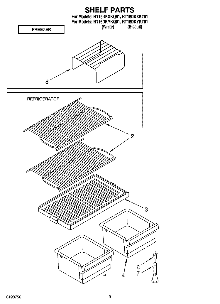 SHELF PARTS, LITERATURE AND OPTIONAL PARTS Diagram and Parts List for RT16DKYKT01  Roper Refrigerator