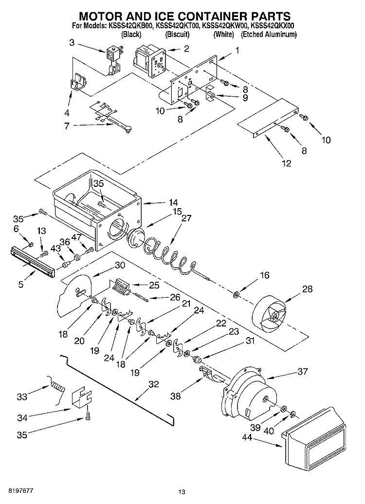 MOTOR AND ICE CONTAINER Diagram and Parts List for KSSS42QKT00  KitchenAid Refrigerator
