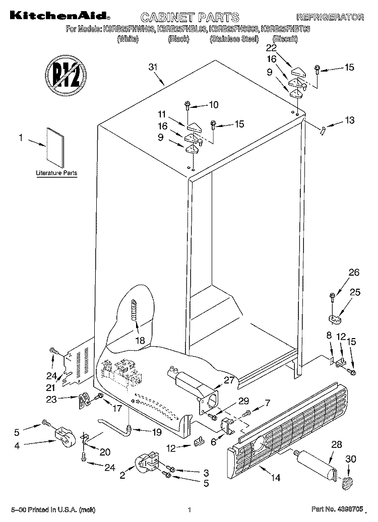 CABINET, LITERATURE Diagram and Parts List for KSRB25FHBL03  KitchenAid Refrigerator
