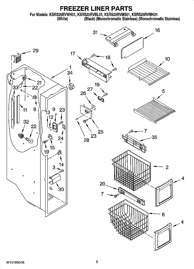 FREEZER LINER PARTS Diagram and Parts List for KSRS25RVBL01  KitchenAid Refrigerator