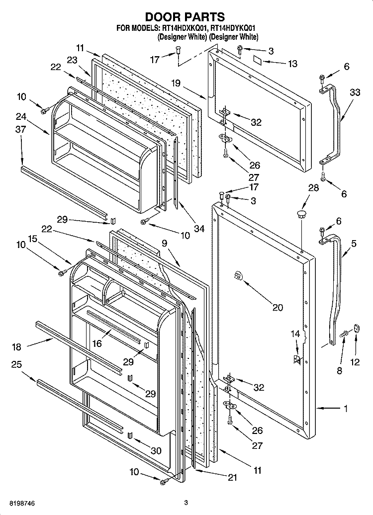DOOR PARTS Diagram and Parts List for RT14HDXKQ01  Roper Refrigerator