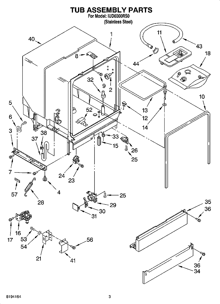 TUB ASSEMBLY PARTS Diagram and Parts List for IUD6000RS0  Whirlpool Dishwasher