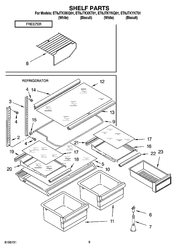 SHELF PARTS, OPTIONAL PARTS Diagram and Parts List for ET6JTKYKT01  Whirlpool Refrigerator