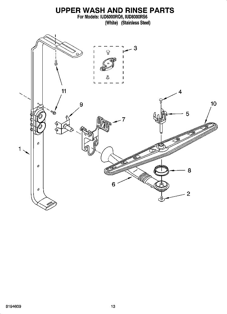 UPPER WASH AND RINSE PARTS Diagram and Parts List for IUD8000RQ6  Whirlpool Dishwasher