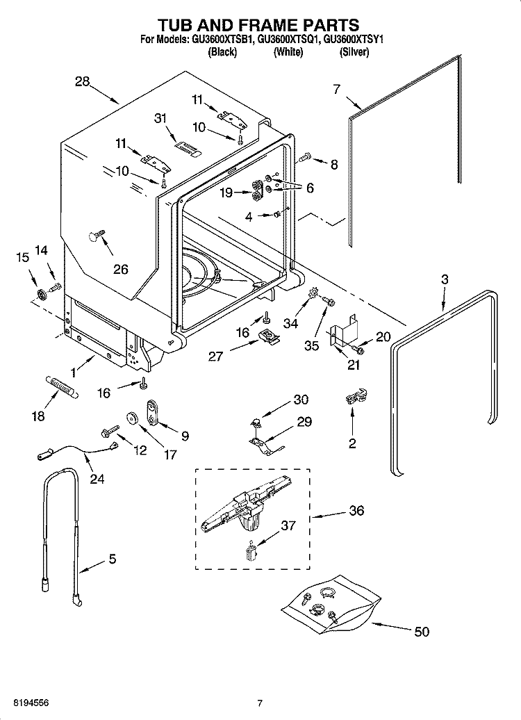 TUB AND FRAME PARTS Diagram and Parts List for GU3600XTSY1  Whirlpool Dishwasher
