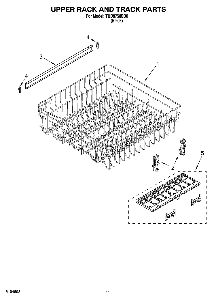 UPPER RACK AND TRACK PARTS Diagram and Parts List for TUD8750SD0  Estate Dishwasher