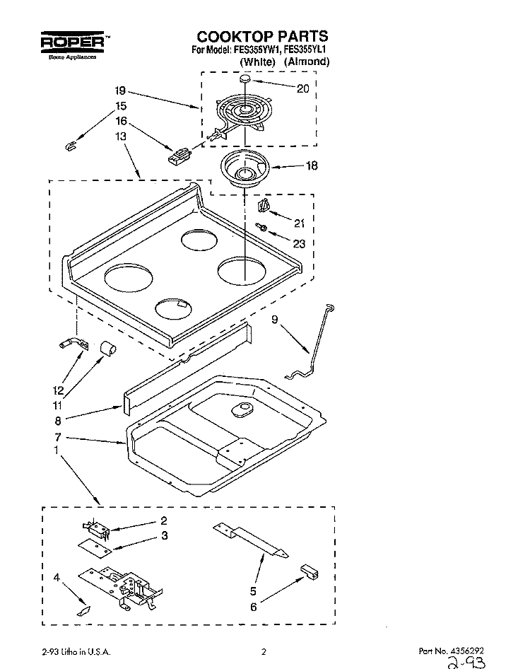 COOKTOP Diagram and Parts List for FES355YW1  Roper Range