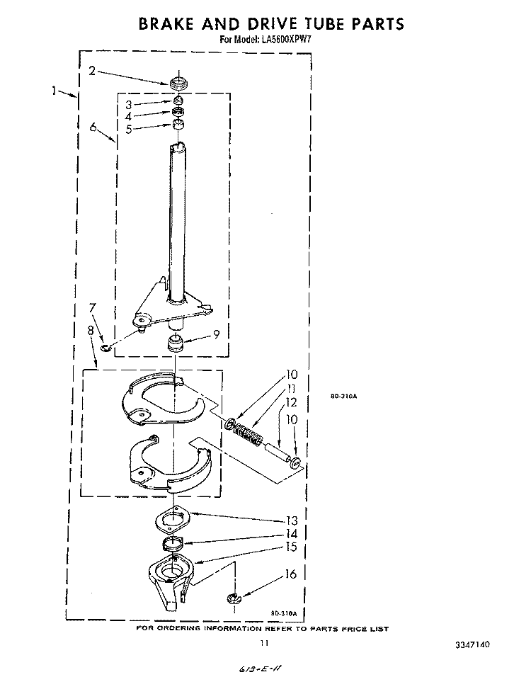 BRAKE AND DRIVE TUBE Diagram and Parts List for LA5600XPW7  Whirlpool Washer