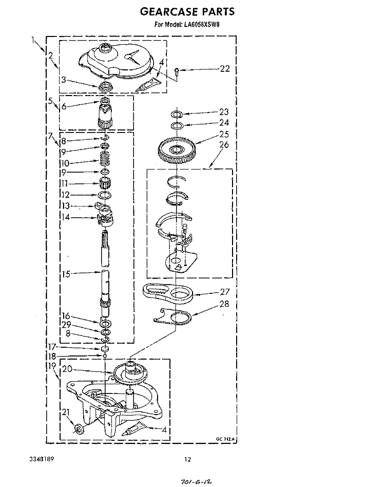 GEARCASE Diagram and Parts List for LA6058XSW0  Whirlpool Washer
