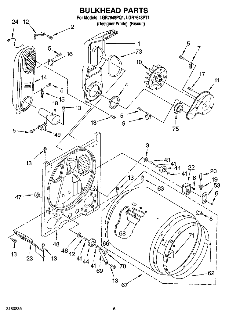 BULKHEAD PARTS Diagram and Parts List for LGR7648PT1  Whirlpool Dryer