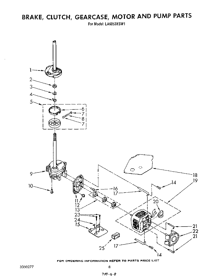 BRAKE, CLUTCH, GEARCASE, MOTOR AND PUMP Diagram and Parts List for LA6053XSW1  Whirlpool Washer