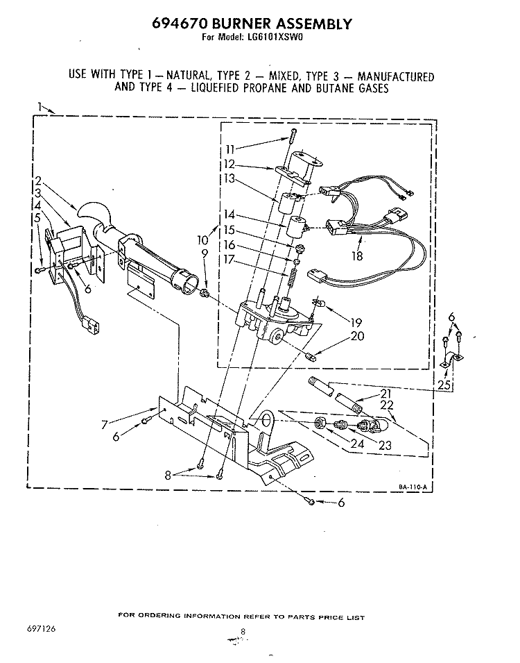 694670 BURNER Diagram and Parts List for LG6101XSW0  Whirlpool Dryer