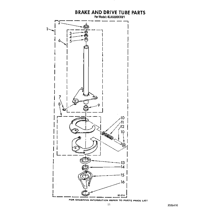 BRAKE AND DRIVE TUBE Diagram and Parts List for 4LA6300XXW1  Whirlpool Washer