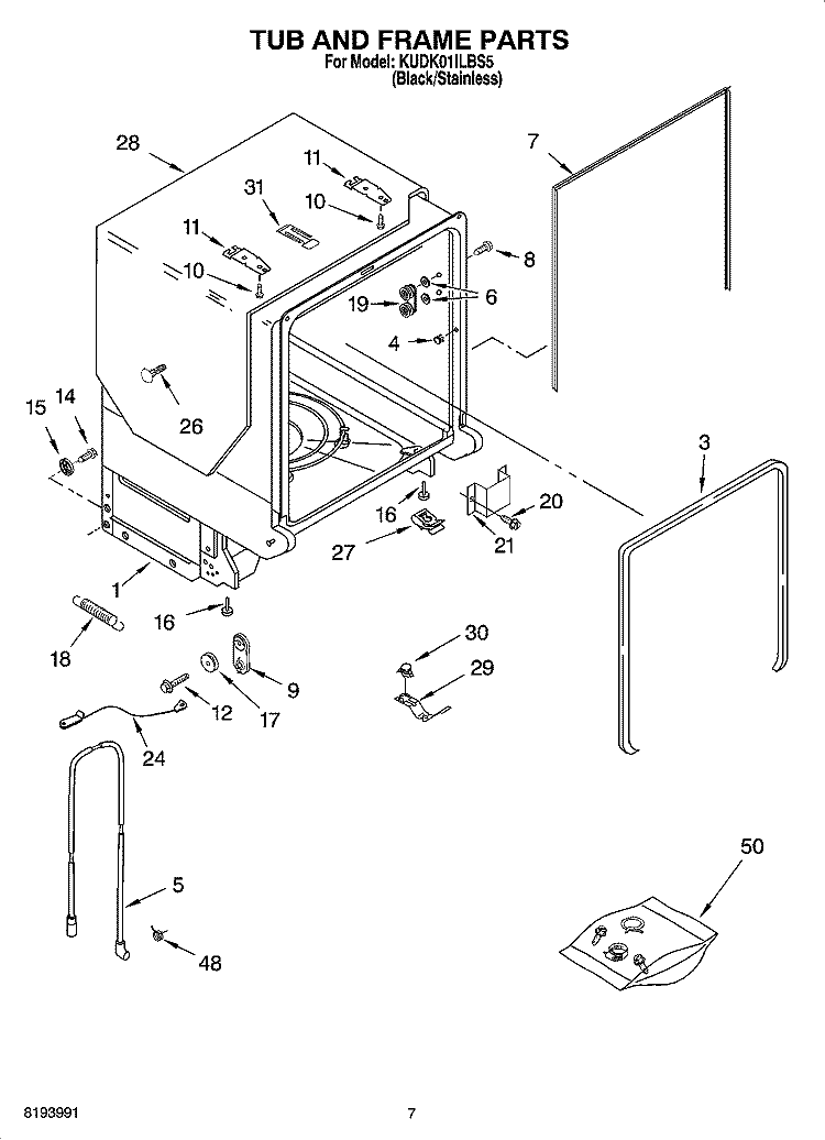 TUB AND FRAME PARTS Diagram and Parts List for KUDK01ILBS5  KitchenAid Dishwasher