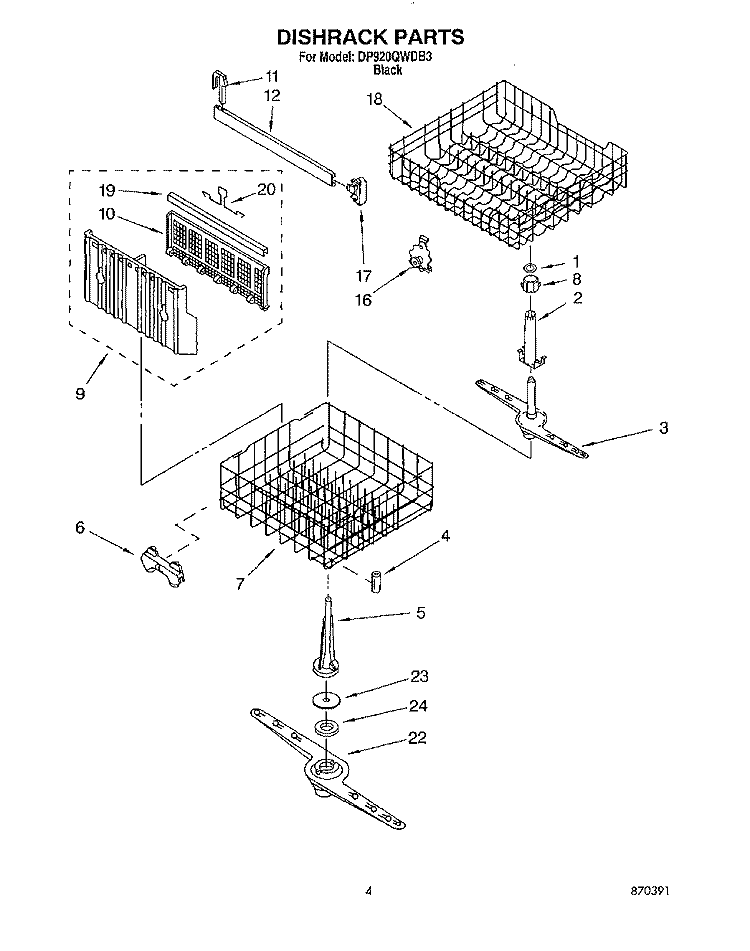 DISHRACK Diagram and Parts List for DP920QWDB3  Whirlpool Dishwasher