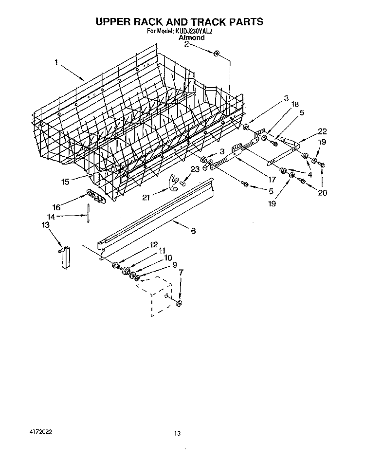 UPPER RACK AND TRACK Diagram and Parts List for KUDJ230YAL2  KitchenAid Dishwasher