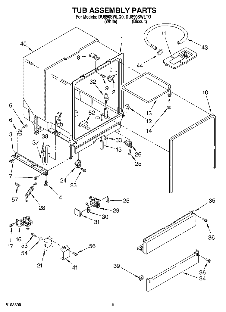 TUB ASSEMBLY PARTS Diagram and Parts List for DU890SWLTO  Whirlpool Dishwasher