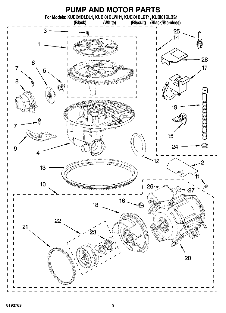 PUMP AND MOTOR PARTS Diagram and Parts List for KUDI01DLBT1  KitchenAid Dishwasher