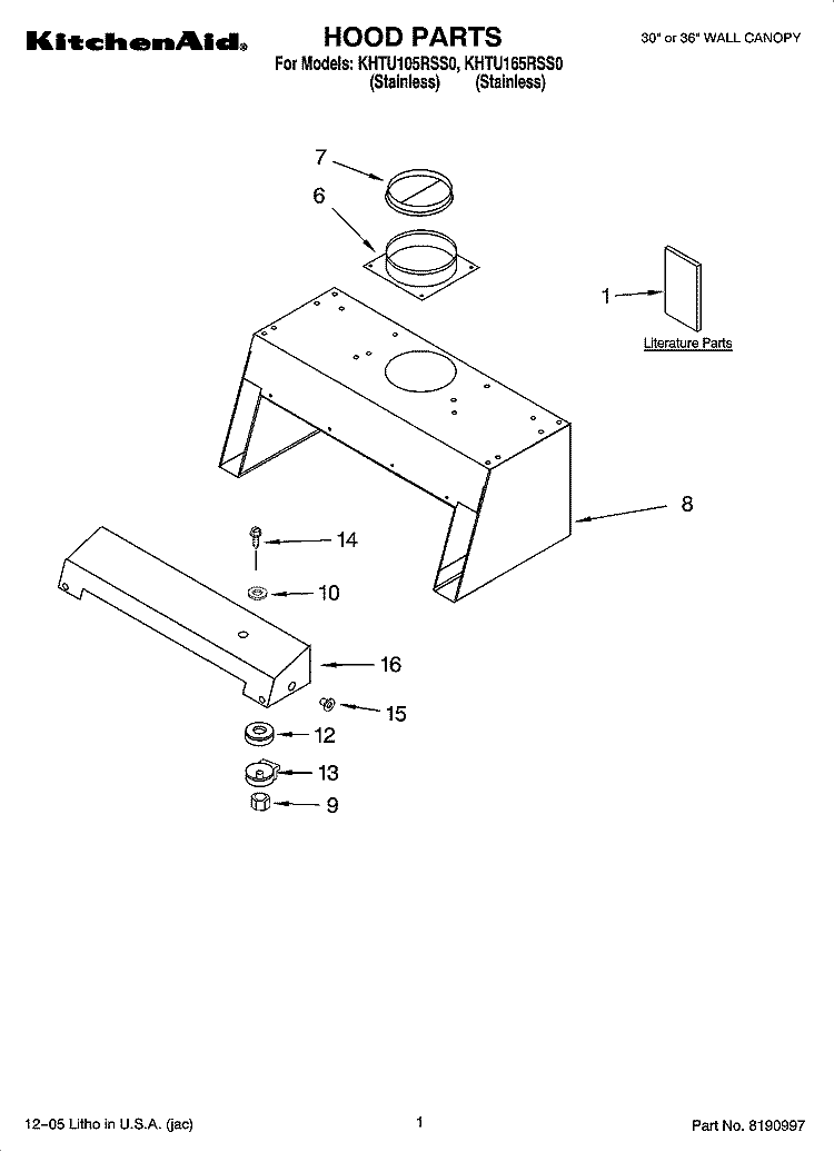 HOOD PARTS Diagram and Parts List for KHTU105RSS0  KitchenAid Range Hood